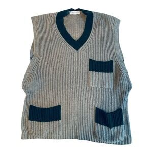 Sibel Saral Cashmere Cotton Shaker Knit V-Neck Sweater Vest Gray Green Small